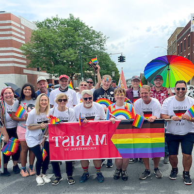 Image of a group from the Marist community at the Poughkeepsie Pride parade.